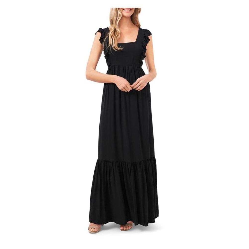 NWT CECE Womens Black Ruffled Square Neck Maxi Fit + Flare Dress XS